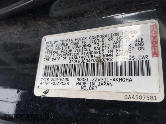 2000 Toyota MR2 z VIN JTDFR3204Y0020262, wystawiony jako IAAI lot #41823386 z przebiegiem 203 044 mil mil oraz . Historia ofert i sprzedaży dostępna na DreamBid. Obrazek 9.