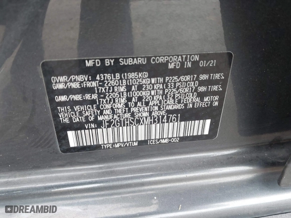 2021 Subaru Crosstrek Sport with VIN JF2GTHSCXMH314761, listed as a IAAI auction lot 41881195 with 65,207 mi miles. Bid and sale history available at carsss.com. Image 9.