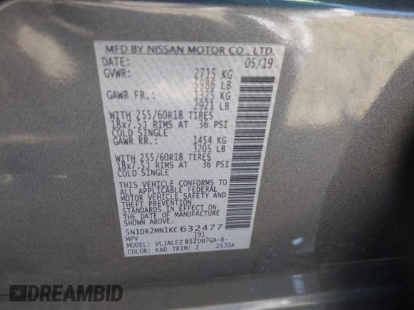 2019 Nissan Pathfinder SL with VIN 5N1DR2MN1KC632477, listed as a IAAI auction lot 41380902 with 81,849 mi miles and . Bid and sale history available at DreamBid. Image 9.