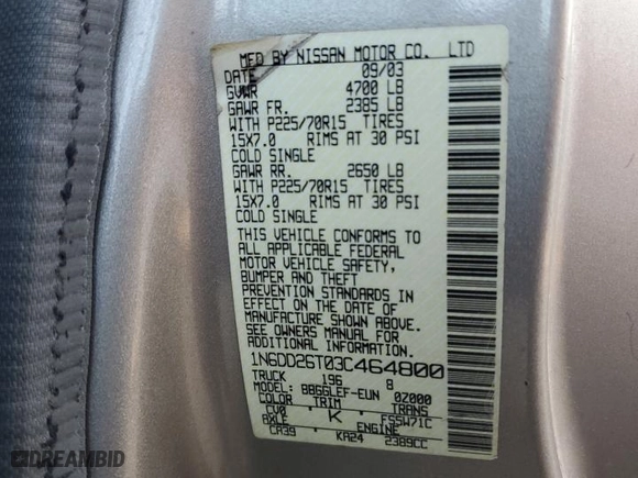 2003 Nissan Frontier 2WD XE with VIN 1N6DD26T03C464800, listed as a Copart auction lot 48980685 with 0 mi miles and Clean Title. Bid and sale history available at carsss.com. Image 12.