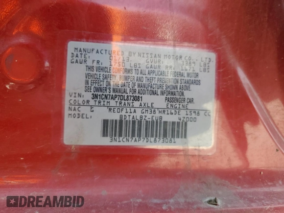 2013 Nissan Versa SV with VIN 3N1CN7AP7DL873081, listed as a Copart auction lot 57222385 with 151,978 mi miles and Salvage title. Bid and sale history available at DreamBid. Image 12.