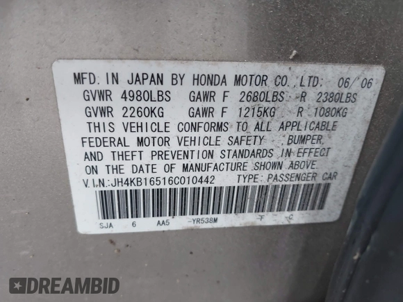 2006 Acura RL z VIN JH4KB16516C010442, wystawiony jako IAAI lot #42646581 z przebiegiem 205 633 mil mil oraz . Historia ofert i sprzedaży dostępna na DreamBid. Obrazek 9.