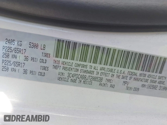2018 Dodge Journey SE with VIN 3C4PDCAB8JT208538, listed as a IAAI auction lot 40782626 with 82,924 mi miles and . Bid and sale history available at DreamBid. Image 9.