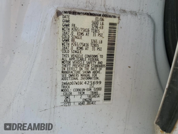 2006 Nissan Frontier SE с VIN 1N6AD07W16C425699, выставлен на аукционе Copart как лот 48164245 с пробегом 163 476 миль миль и Чистый • Clean title. История ставок и продаж доступна на DreamBid. Изображение 12.