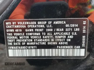 2014 Volkswagen Passat S with VIN 1VWAS7A33EC107871, listed as a Copart auction lot 57851445 with 138,829 mi miles and Salvage title. Bid and sale history available at DreamBid. Image 12.