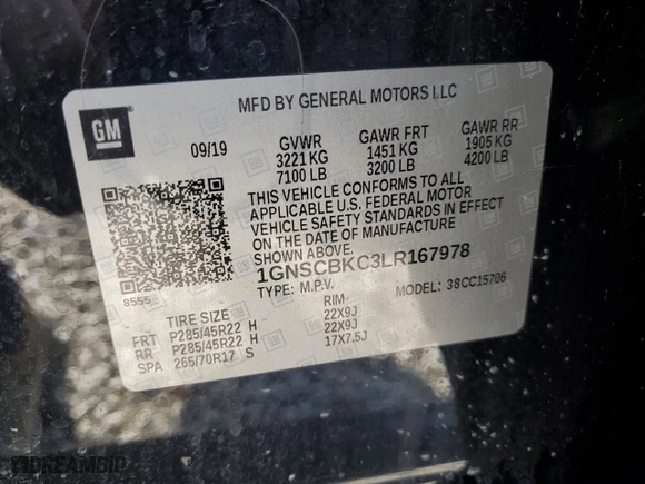 2020 Chevrolet Tahoe LT with VIN 1GNSCBKC3LR167978, listed as a Copart auction lot 48810455 with 101,276 mi miles and Salvage Title. Bid and sale history available at carsss.com. Image 13.