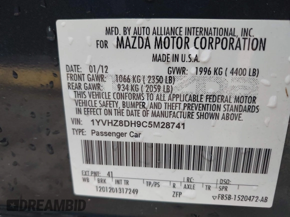 2012 Mazda 6 i Touring with VIN 1YVHZ8DH9C5M28741, listed as a IAAI auction lot 41290048 with 159,986 mi miles and . Bid and sale history available at DreamBid. Image 9.