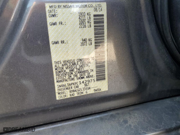 2015 Nissan Altima 2.5 with VIN 1N4AL3APXFC142975, listed as a Copart auction lot 53691155 with 178,885 mi miles and Clean Title. Bid and sale history available at carsss.com. Image 12.