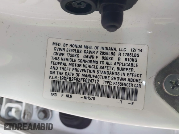 2015 Honda Civic EX with VIN 19XFB2F83FE024712, listed as a IAAI auction lot 42150113 with 118,353 mi miles and . Bid and sale history available at DreamBid. Image 9.