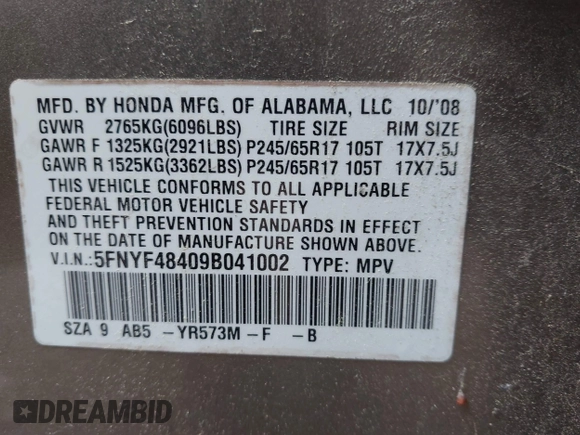 2009 Honda Pilot EX with VIN 5FNYF48409B041002, listed as a IAAI auction lot 42252034 with 116,938 mi miles and . Bid and sale history available at DreamBid. Image 9.