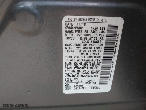 2019 Nissan Rogue SV with VIN JN8AT2MV5KW387484, listed as a IAAI auction lot 41449972 with 54599 miles. Bid and sale history available at carsss.com. Image 9.