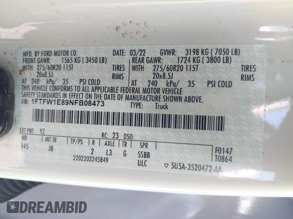 2022 Ford F-150 XL with VIN 1FTFW1E89NFB08473, listed as a IAAI auction lot 41669958 with 52,768 mi miles and . Bid and sale history available at DreamBid. Image 9.