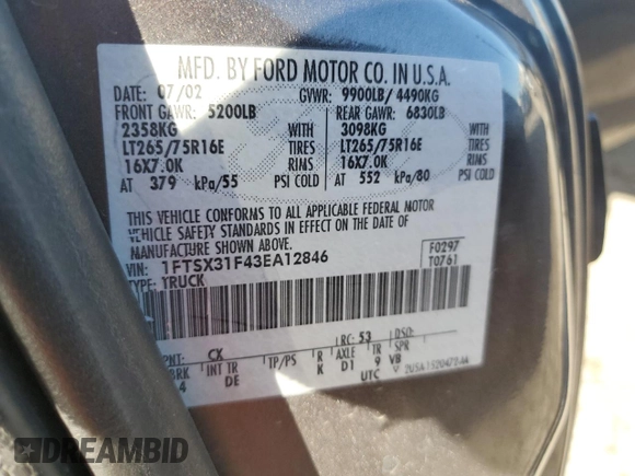 2003 Ford F-350 XL with VIN 1FTSX31F43EA12846, listed as a Copart auction lot 85211144 with Not Provided miles and Salvage Title. Bid and sale history available at DreamBid. Image 14.