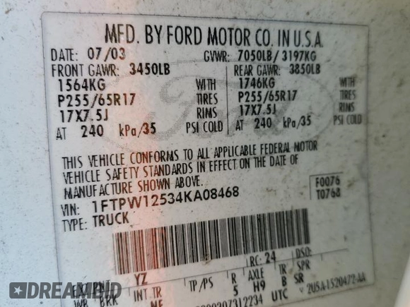 2004 Ford F-150 XLT z VIN 1FTPW12534KA08468, wystawiony jako Copart lot #63341274 z przebiegiem 255 423 mil mil oraz Szkoda całkowita • Salvage title. Historia ofert i sprzedaży dostępna na DreamBid. Obrazek 12.
