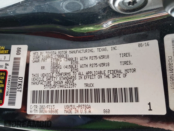 2017 Toyota Tundra 2WD SR5 with VIN 5TFEW5F19HX212397, listed as a IAAI auction lot 41677878 with 150,986 mi miles. Bid and sale history available at carsss.com. Image 9.