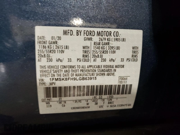 2020 Ford Explorer Limited with VIN 1FMSK8FH9LGB63915, listed as a Copart auction lot 49059425 with 48,409 mi miles and Salvage Title. Bid and sale history available at carsss.com. Image 15.