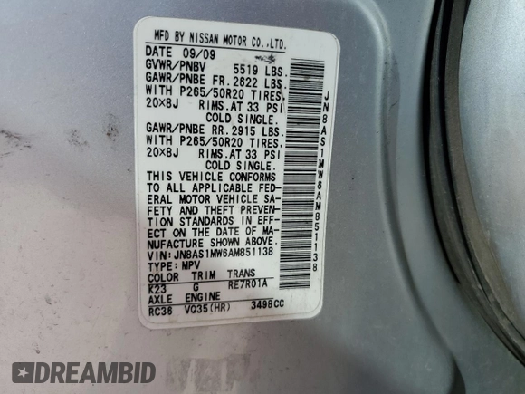 2010 Infiniti FX with VIN JN8AS1MW6AM851138, listed as a Copart auction lot 52698625 with 202,829 mi miles and Salvage title. Bid and sale history available at DreamBid. Image 15.