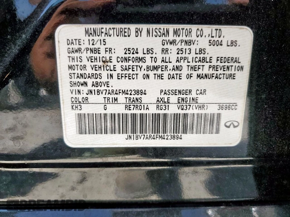 2015 Infiniti Q50 z VIN JN1BV7AR4FM423894, wystawiony jako Copart lot #57297595 z przebiegiem 82 593 mil mil oraz Szkoda całkowita • Salvage title. Historia ofert i sprzedaży dostępna na DreamBid. Obrazek 12.