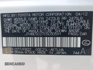 2012 Lexus IS 350 with VIN JTHBE5C27C5030591, listed as a IAAI auction lot 41798461 with 90,471 mi miles and . Bid and sale history available at DreamBid. Image 9.