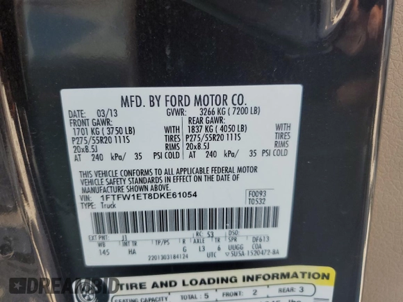 2013 Ford F-150 XL with VIN 1FTFW1ET8DKE61054, listed as a Copart auction lot 64204095 with 124,924 mi miles and Salvage title. Bid and sale history available at DreamBid. Image 12.
