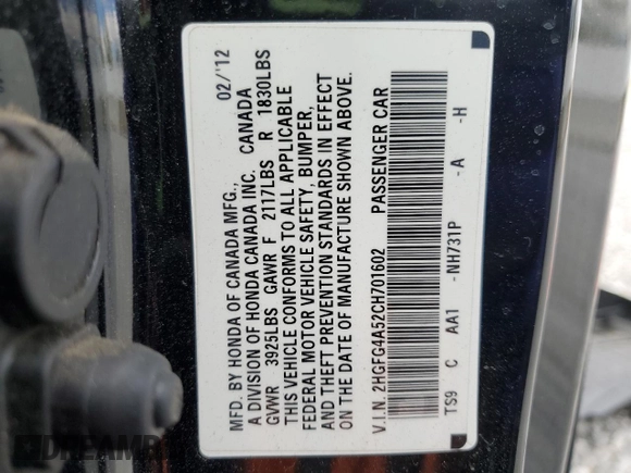 2012 Honda Civic Si z VIN 2HGFG4A52CH701602, wystawiony jako Copart lot #56537655 z przebiegiem 189 185 mil mil oraz Szkoda całkowita • Salvage title. Historia ofert i sprzedaży dostępna na DreamBid. Obrazek 12.