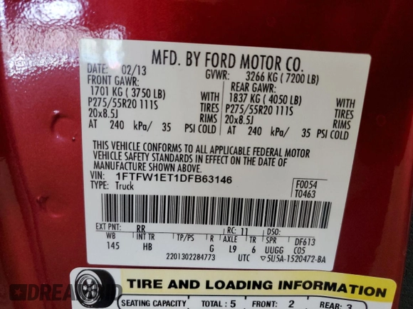 2013 Ford F-150 XL with VIN 1FTFW1ET1DFB63146, listed as a Copart auction lot 53260845 with 206,167 mi miles and Clean title. Bid and sale history available at DreamBid. Image 12.