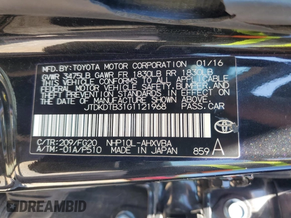 2016 Toyota Prius One with VIN JTDKDTB31G1121968, listed as a Copart auction lot 52136685 with 65,319 mi miles and Clean Title. Bid and sale history available at DreamBid. Image 12.