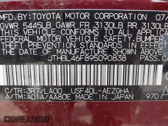 2009 Lexus LS 460 with VIN JTHBL46F895090838, listed as a IAAI auction lot 42437405 with 174,271 mi miles and . Bid and sale history available at DreamBid. Image 9.