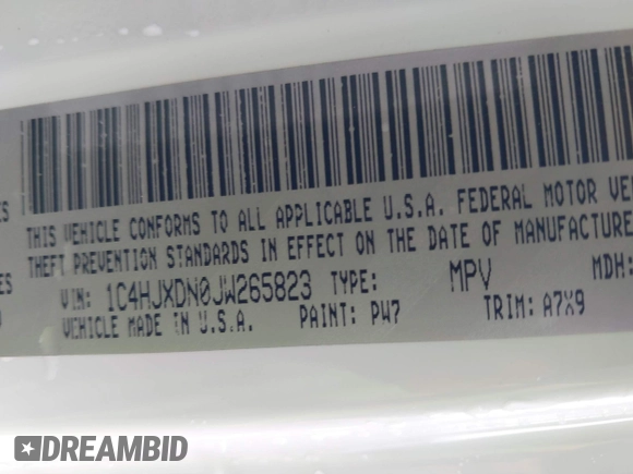 2018 Jeep Wrangler Unlimited Sport with VIN 1C4HJXDN0JW265823, listed as a IAAI auction lot 41707684 with 60,072 mi miles and . Bid and sale history available at DreamBid. Image 9.