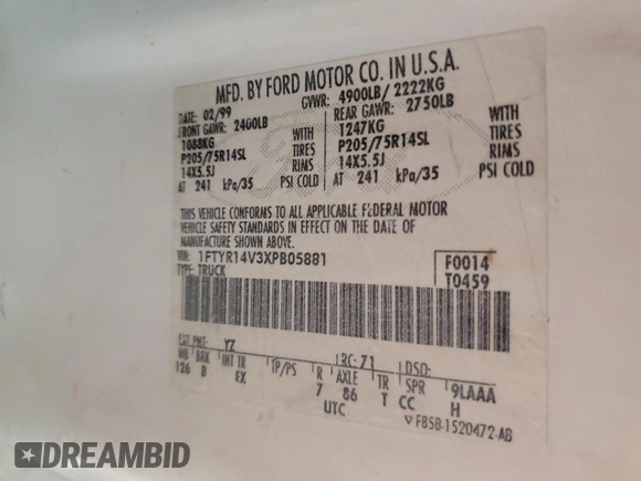 1999 Ford Ranger XL with VIN 1FTYR14V3XPB05881, listed as a Copart auction lot 44212825 with 336,424 mi miles and Salvage title. Bid and sale history available at DreamBid. Image 12.