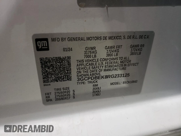 2024 Chevrolet Silverado 1500 Custom with VIN 3GCPDBEK8RG233125, listed as a Copart auction lot 51180035 with 18,439 mi miles and Salvage Title. Bid and sale history available at DreamBid. Image 12.