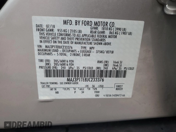 2018 Ford EcoSport SE with VIN MAJ3P1TE8JC233376, listed as a Copart auction lot 52595595 with 36,078 mi miles and Salvage Title. Bid and sale history available at carsss.com. Image 13.