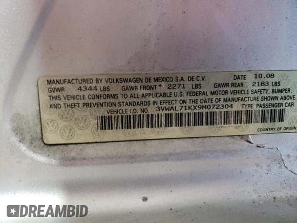 2009 Volkswagen Jetta z VIN 3VWAL71KX9M072304, wystawiony jako Copart lot #57027785 z przebiegiem 191 554 mil mil oraz Szkoda całkowita • Salvage title. Historia ofert i sprzedaży dostępna na DreamBid. Obrazek 12.