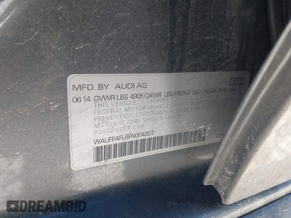2015 Audi A4 Premium Plus with VIN WAUFFAFL6FN004207, listed as a IAAI auction lot 41639153 with 62,409 mi miles. Bid and sale history available at carsss.com. Image 9.