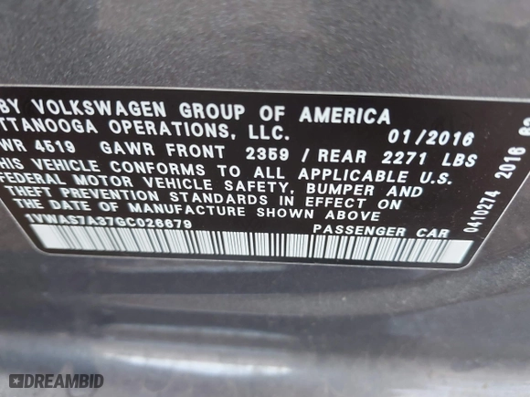 2016 Volkswagen Passat 1.8T S with VIN 1VWAS7A37GC026679, listed as a IAAI auction lot 41229736 with 193,792 mi miles. Bid and sale history available at carsss.com. Image 9.