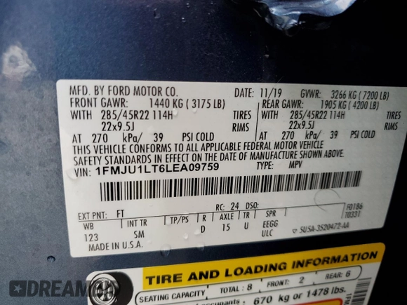 2020 Ford Expedition Platinum с VIN 1FMJU1LT6LEA09759, выставлен на аукционе Copart как лот 81695744 с пробегом 74 387 миль миль и Списание • Salvage title. История ставок и продаж доступна на DreamBid. Изображение 15.