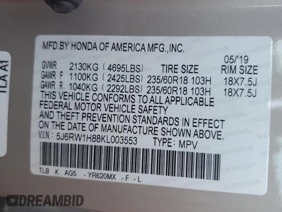2019 Honda CR-V EX-L with VIN 5J6RW1H88KL003553, listed as a Copart auction lot 49471475 with 108,047 mi miles and Salvage Title. Bid and sale history available at carsss.com. Image 13.