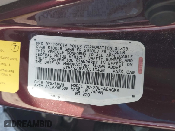 2003 Lexus LS 430 with VIN JTHBN30F830116436, listed as a IAAI auction lot 41636868 with 82,027 mi miles and . Bid and sale history available at DreamBid. Image 9.