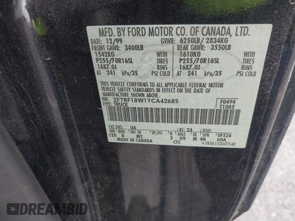 2000 Ford F-150 XL with VIN 2FTRF18W1YCA42685, listed as a IAAI auction lot 41743378 with 211,072 mi miles and . Bid and sale history available at DreamBid. Image 9.