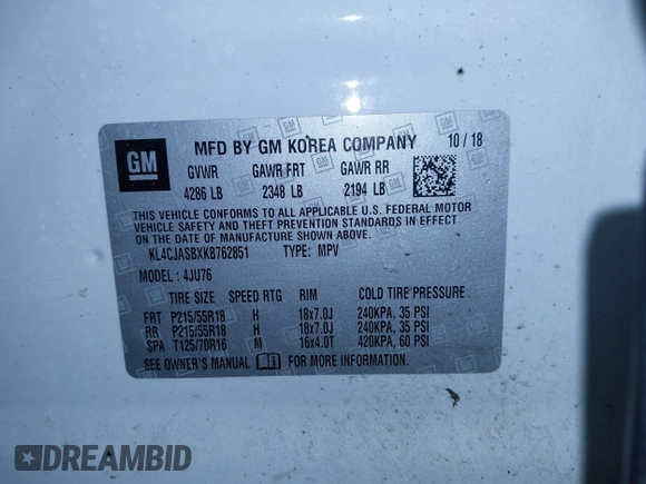 2019 Buick Encore Preferred with VIN KL4CJASBXKB762851, listed as a IAAI auction lot 41608945 with 39,719 mi miles. Bid and sale history available at carsss.com. Image 9.