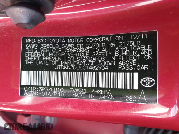 2012 Toyota Prius One with VIN JTDKN3DU6C1482934, listed as a IAAI auction lot 42196243 with 172,250 mi miles and . Bid and sale history available at DreamBid. Image 9.