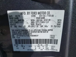 2012 Ford F-150 XL z VIN 1FTFW1CT4CFB08837, wystawiony jako IAAI lot #41320308 z przebiegiem 88 561 mil mil oraz . Historia ofert i sprzedaży dostępna na DreamBid. Obrazek 9.