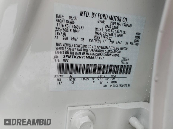 2021 Ford Mustang Mach-E California Route 1 with VIN 3FMTK2R71MMA36197, listed as a Copart auction lot 43654225 with 70,746 mi miles and Salvage Title. Bid and sale history available at DreamBid. Image 12.