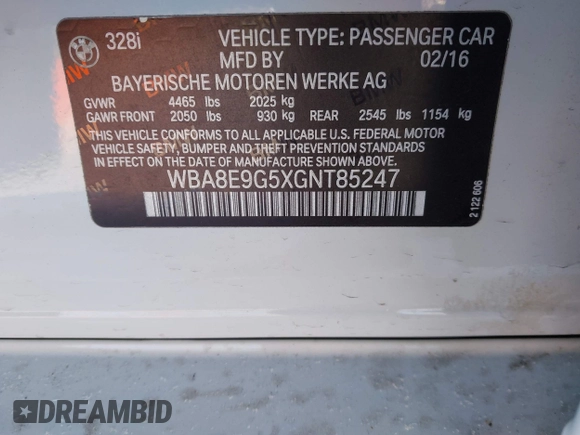 2016 BMW 3 Series 328i with VIN WBA8E9G5XGNT85247, listed as a IAAI auction lot 41578238 with 64,951 mi miles. Bid and sale history available at carsss.com. Image 9.