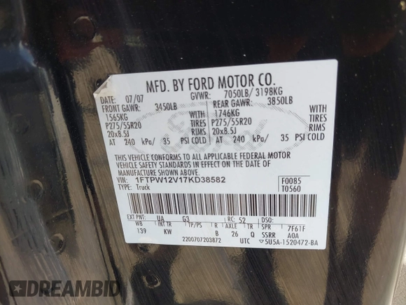 2007 Ford F-150 XLT z VIN 1FTPW12V17KD38582, wystawiony jako IAAI lot #42321791 z przebiegiem Nie podano mil oraz . Historia ofert i sprzedaży dostępna na DreamBid. Obrazek 9.