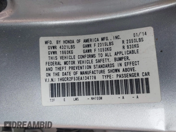 2014 Honda Accord Sedan Sport with VIN 1HGCR2F53EA134778, listed as a IAAI auction lot 41951952 with 225,219 mi miles. Bid and sale history available at carsss.com. Image 9.