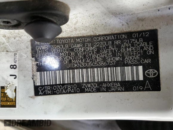 2012 Toyota Prius One with VIN JTDKN3DU5C5386737, listed as a Copart auction lot 54217195 with Not Provided miles and Non Repairable. Bid and sale history available at DreamBid. Image 14.