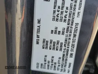 2022 Tesla Model 3 Performance with VIN 5YJ3E1EC1NF262416, listed as a Copart auction lot 54356025 with Not Provided miles and Salvage Title. Bid and sale history available at DreamBid. Image 13.