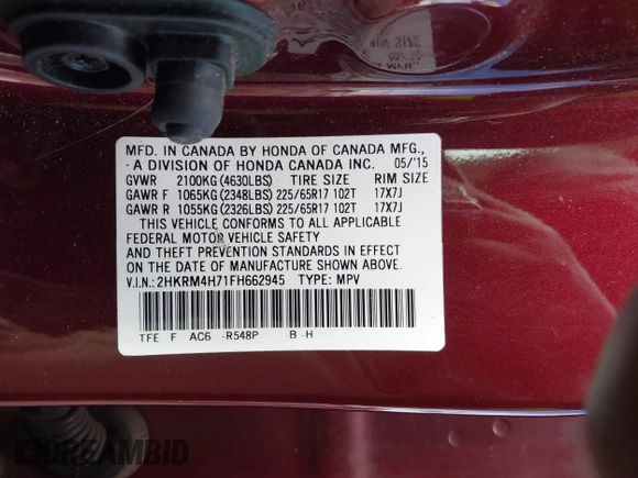 2015 Honda CR-V EX-L with VIN 2HKRM4H71FH662945, listed as a IAAI auction lot 41665393 with 123,278 mi miles. Bid and sale history available at carsss.com. Image 9.