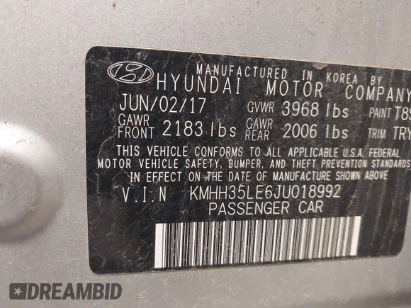 2018 Hyundai Elantra with VIN KMHH35LE6JU018992, listed as a IAAI auction lot 42093318 with 92,960 mi miles and . Bid and sale history available at DreamBid. Image 9.